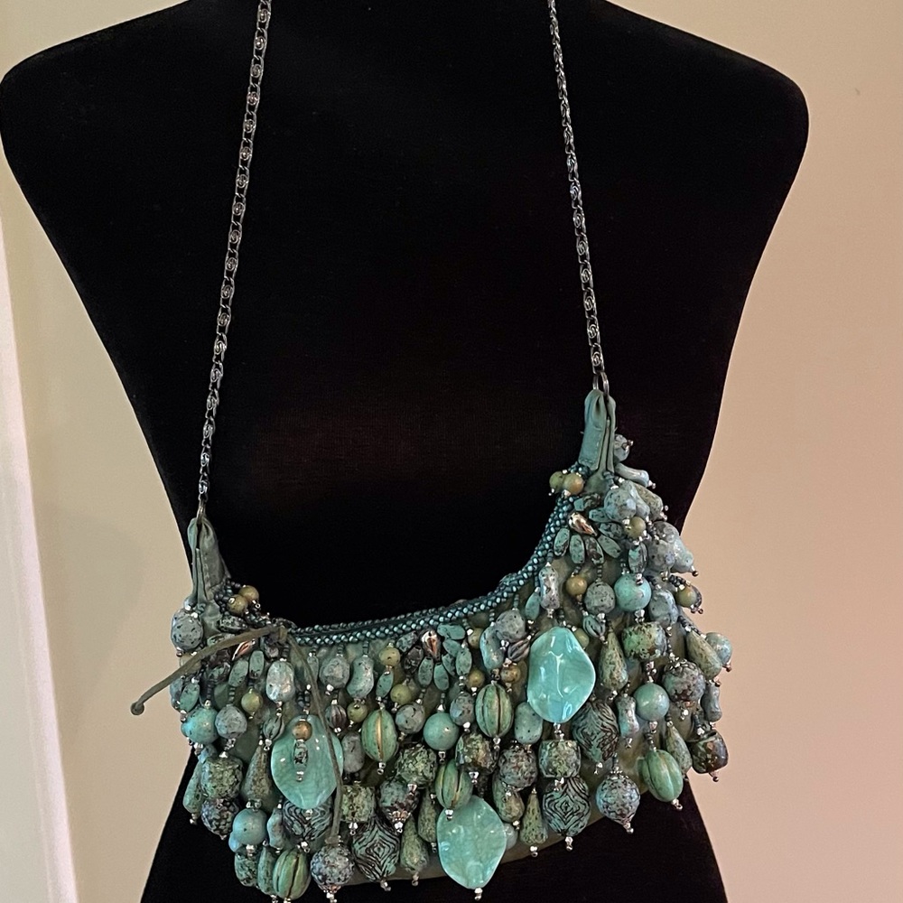 Vintage Mary Frances turquoise beaded crossbody bag.  Excellent Used Condition.